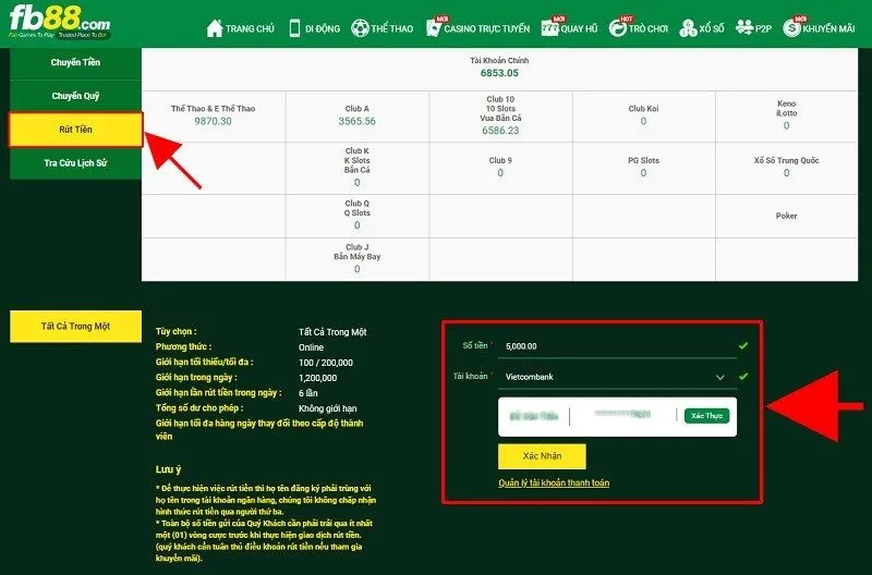 Cách rút tiền từ tài khoản FB88 về tài khoản ngân hàng
